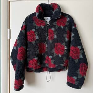 Hollister Cropped Sherpa Fleece Pullover Red Floral Print Size S Oversized Y2K